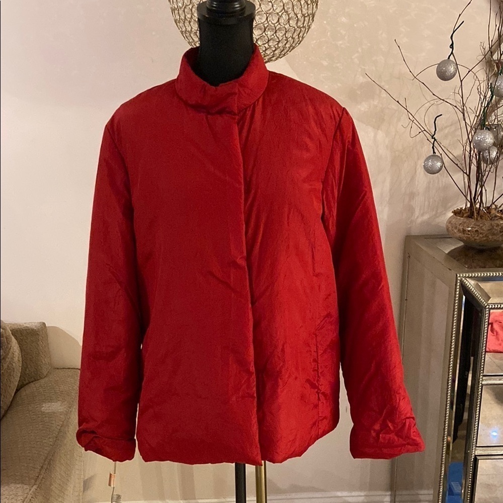 Donna Karan Red Puffer Jacket Quilted Stand-Up Collar size L